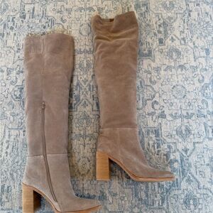 Jeffrey Campbell Taupe Suede Over-The-Knee Block Heel Boots
